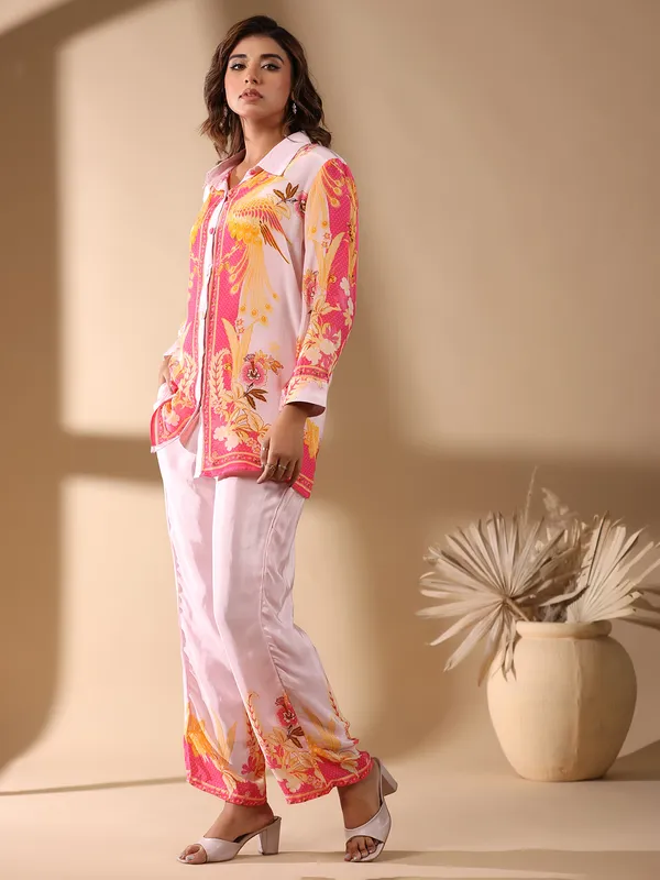 Latest pink satin silk printed co-ord set