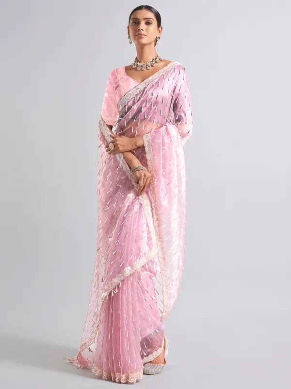 Latest pink tissue silk saree for receptions