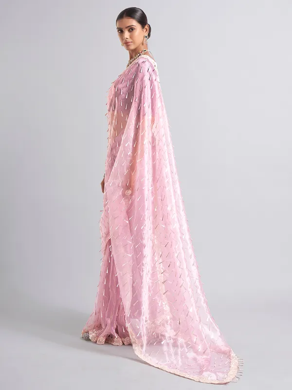Latest pink tissue silk saree for receptions