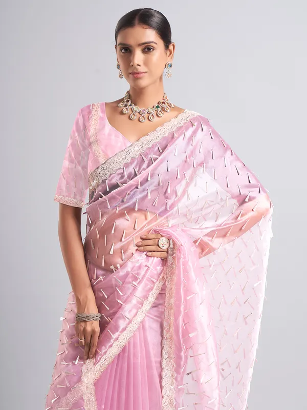 Latest pink tissue silk saree for receptions