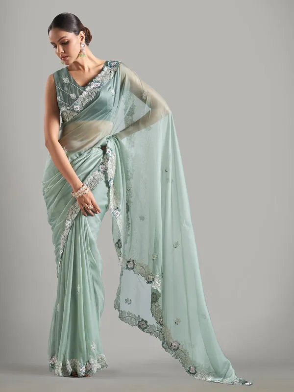 Latest pista green tissue silk unstitched saree