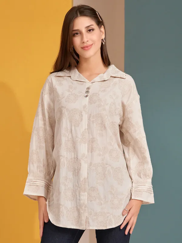 Latest printed beige silk top