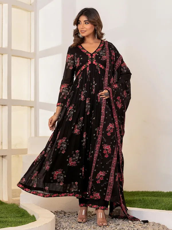 Latest printed black cotton kurti set