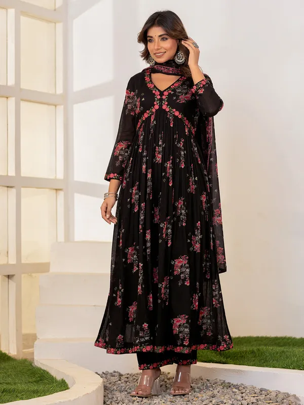 Latest printed black cotton kurti set