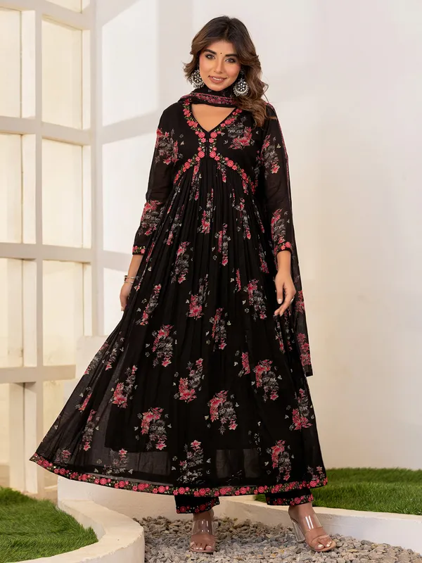 Latest printed black cotton kurti set