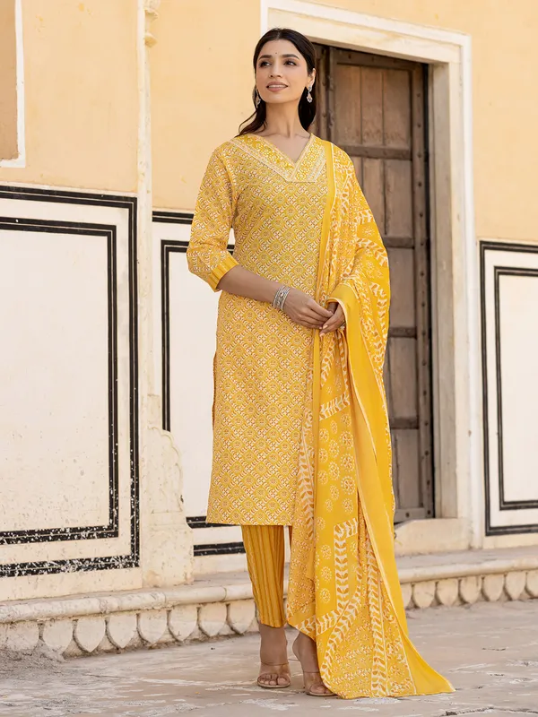 Latest printed cotton yellow kurti set