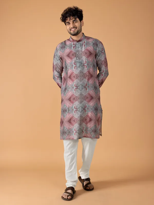 Latest printed grey  Men Kurta pajama in silk