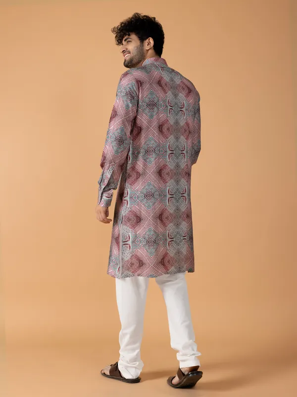 Latest printed grey kurta suit in silk