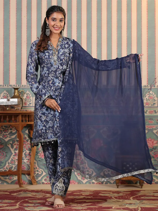 Latest printed navy silk kurti set