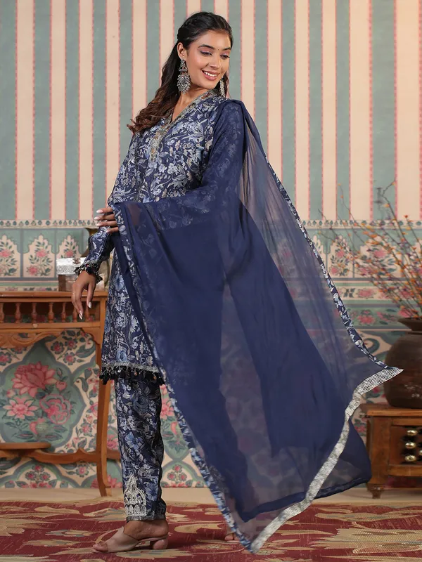 Latest printed navy silk kurti set