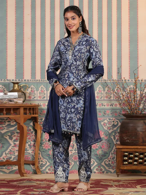 Latest printed navy silk kurti set