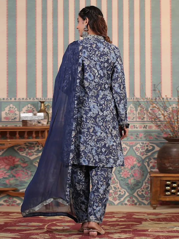 Latest printed navy silk kurti set