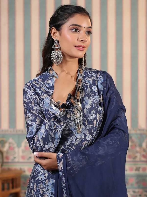 Latest printed navy silk kurti set