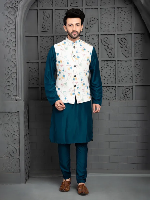 Latest prussian blue silk waistcoat set