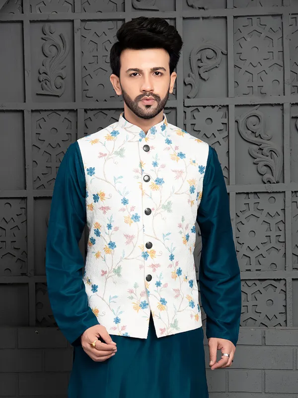 Latest prussian blue silk waistcoat set
