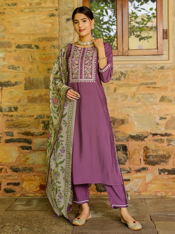 Latest purple embroidery kurti set