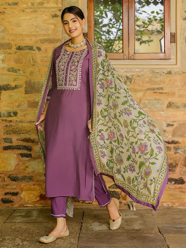 Latest purple embroidery kurti set