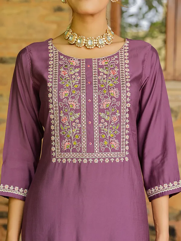 Latest purple embroidery kurti set