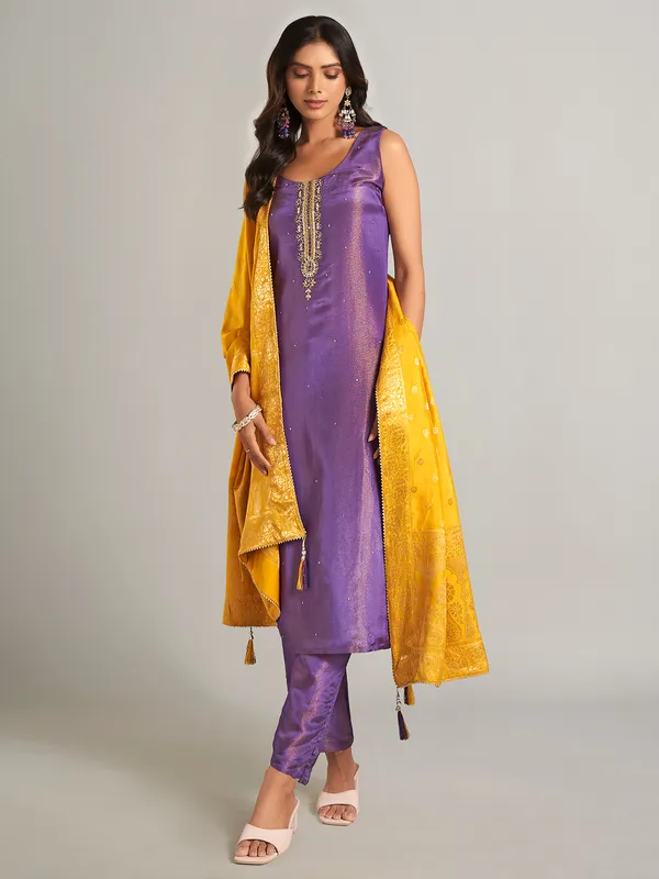 Latest purple silk straight cut salwar suit