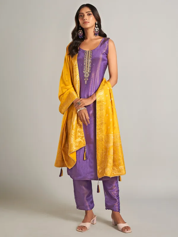 Latest purple silk straight cut salwar suit