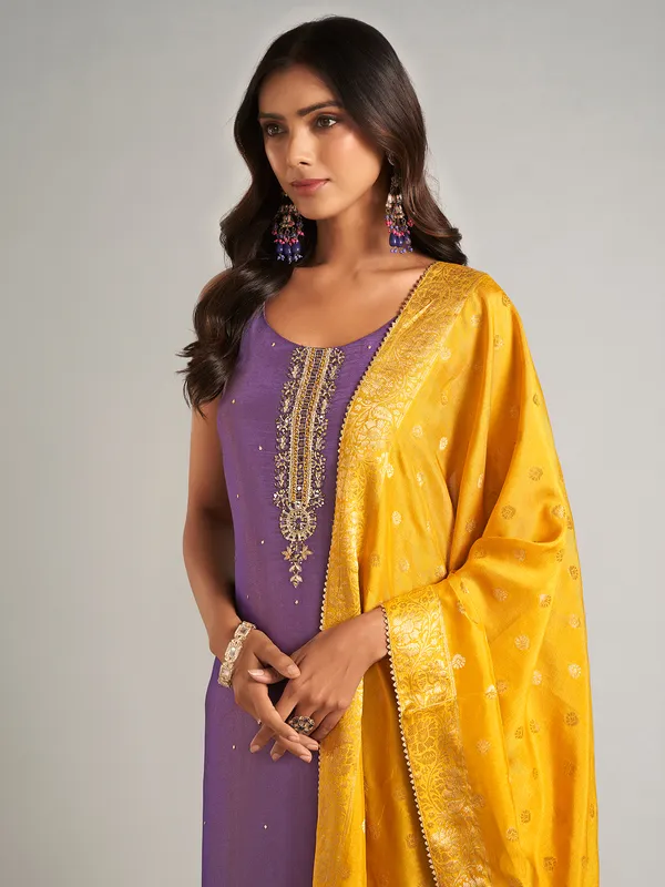 Latest purple silk straight cut salwar suit