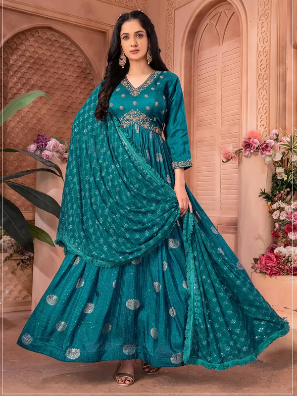 Latest rama blue banarasi silk anarkali suit