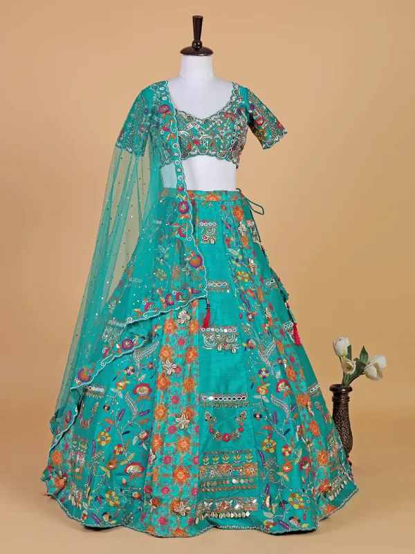 Latest rama blue lehenga choli in raw silk