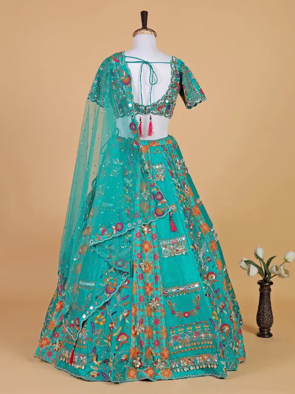 Latest rama blue lehenga choli in raw silk