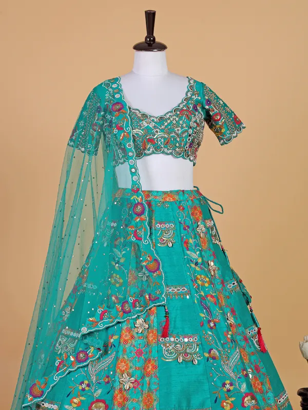 Latest rama blue lehenga choli in raw silk