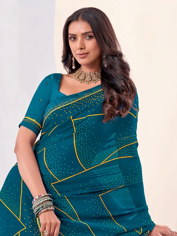 Latest rama blue printed georgette saree