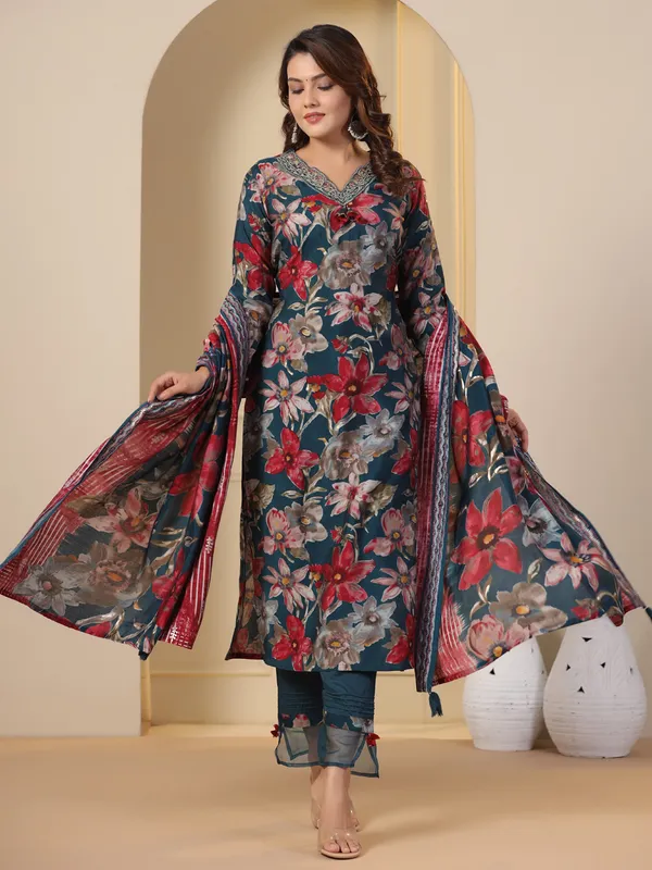 Latest rama blue printed kurti set