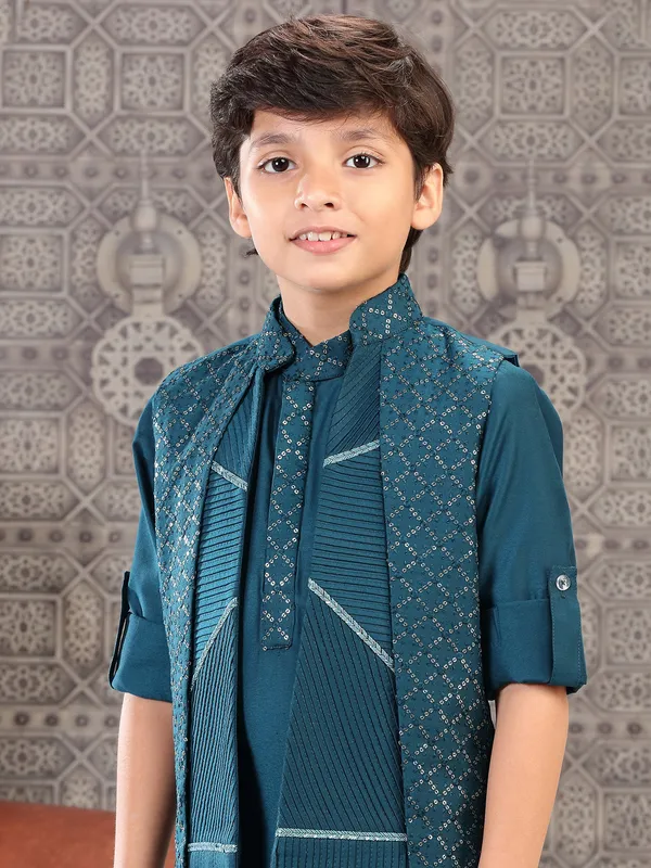 Latest rama blue silk indowestern for wedding