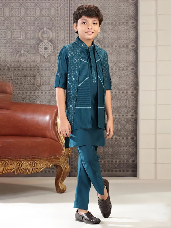 Latest rama blue silk indowestern for wedding