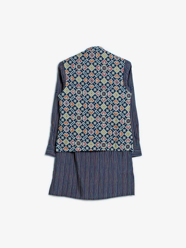 Latest rama blue silk printed waistcoat set