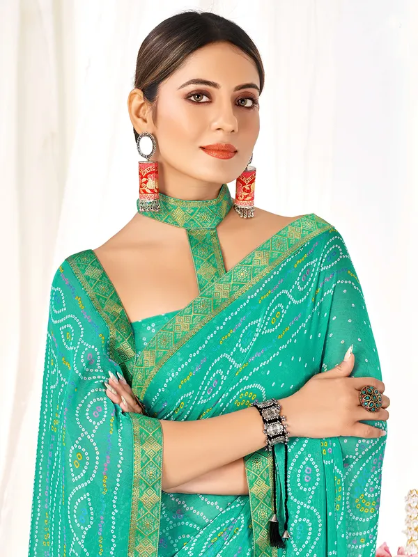 Latest rama green bandhani printed saree