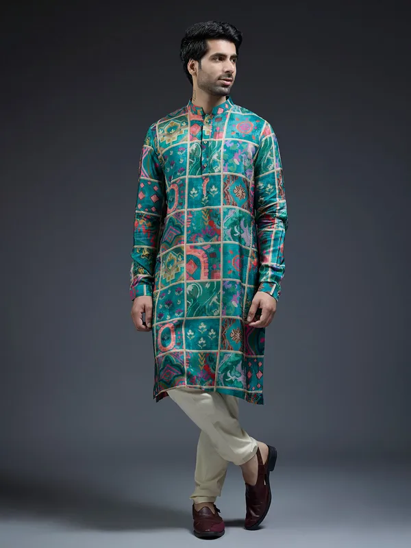 Latest rama green silk ethnic printed kurta suit