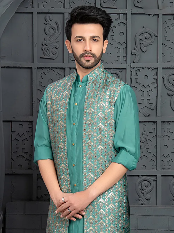 Latest rama green silk waistcoat set