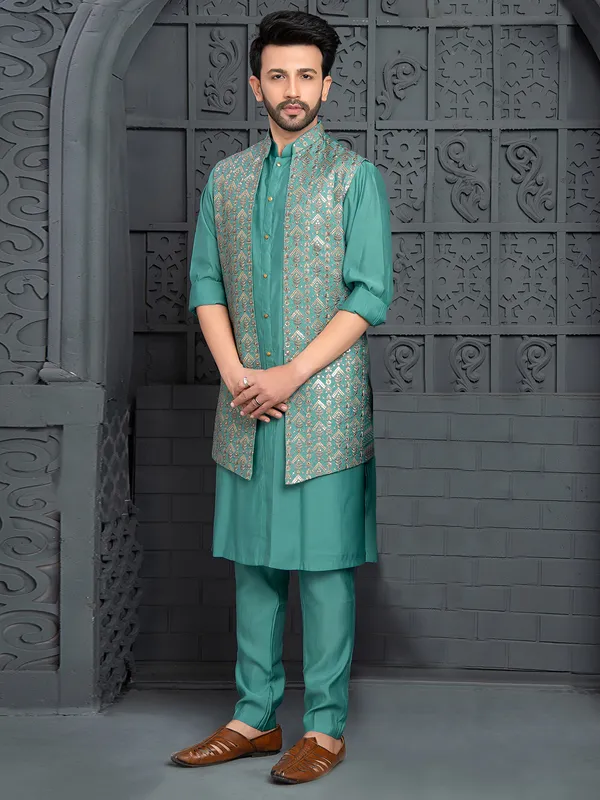 Latest rama green silk waistcoat set