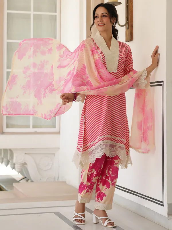 Latest rani color kurti set with dupatta