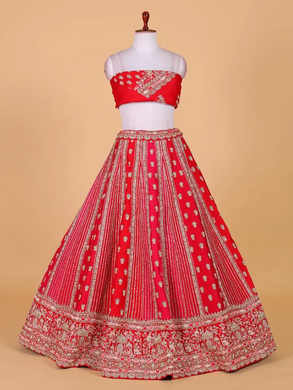 Latest raw silk unstitched red lehenga choli