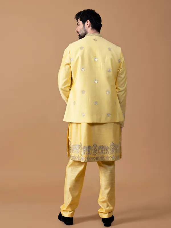 Latest raw silk yellow waistcoat set