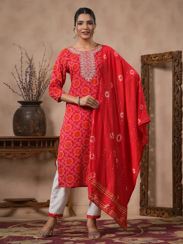 Latest red cotton kurti set with dupatta