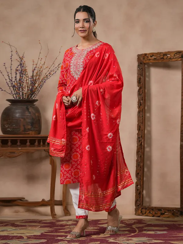 Latest red cotton kurti set with dupatta