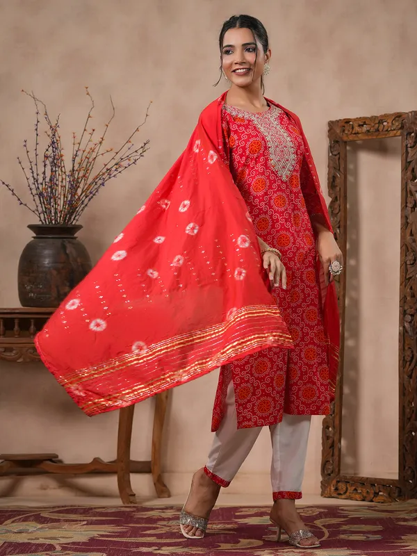 Latest red cotton kurti set with dupatta