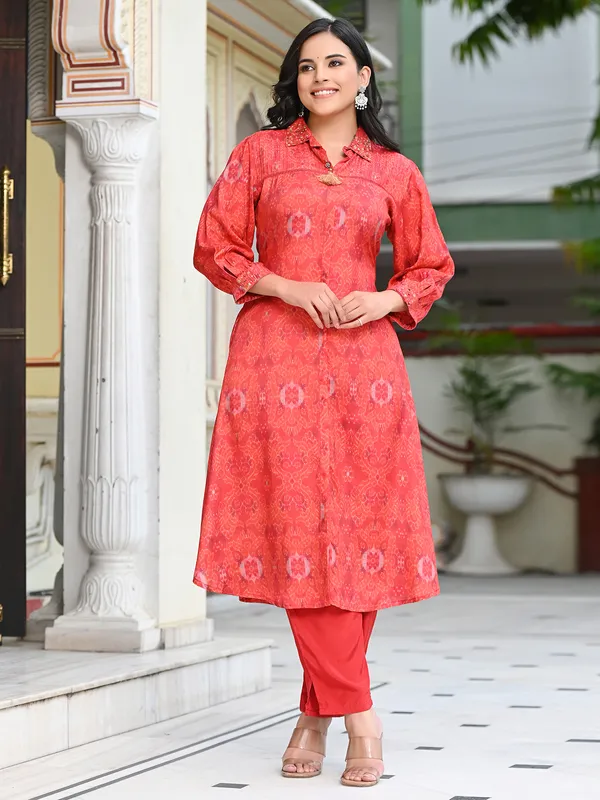 Latest red cotton kurti with pant