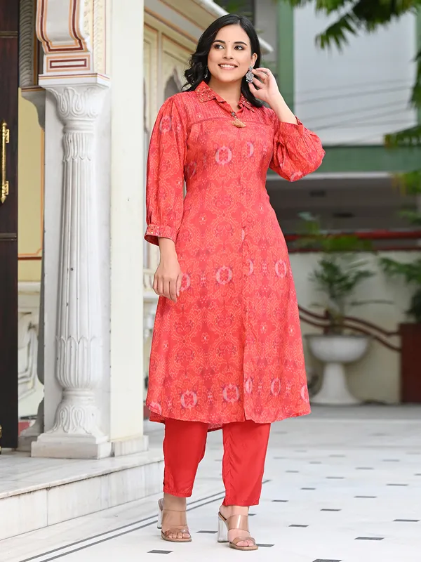 Latest red cotton kurti with pant