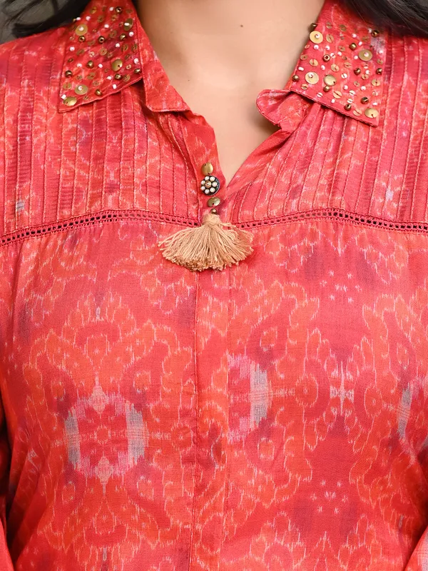 Latest red cotton kurti with pant