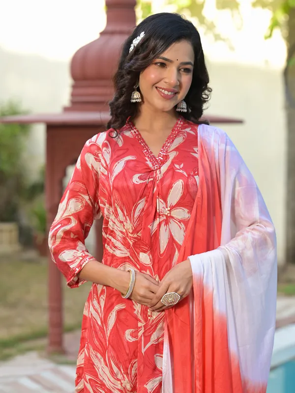Latest red printed crepe silk kurti set
