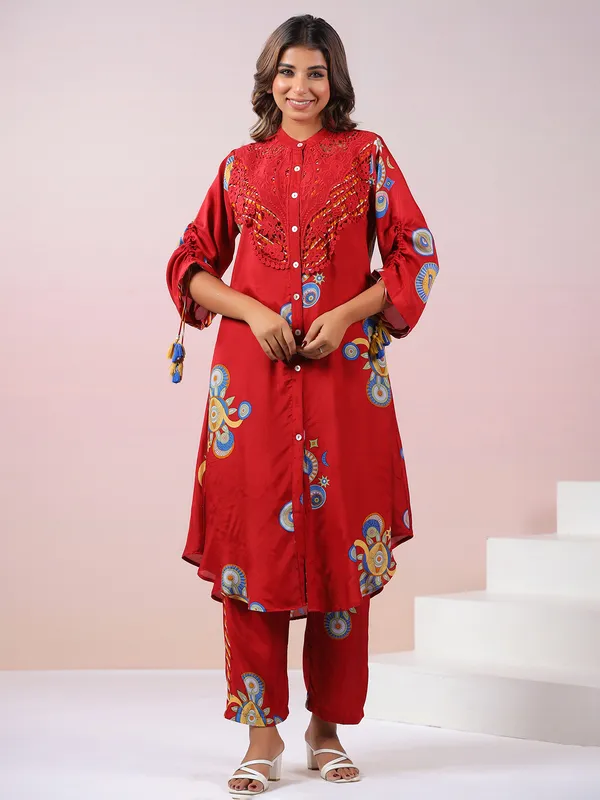 Latest red printed silk kurti set