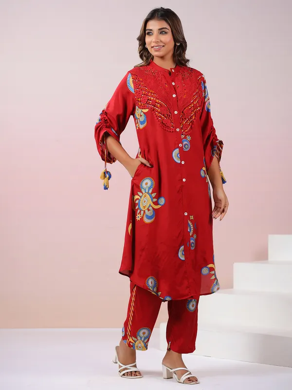 Latest red printed silk kurti set